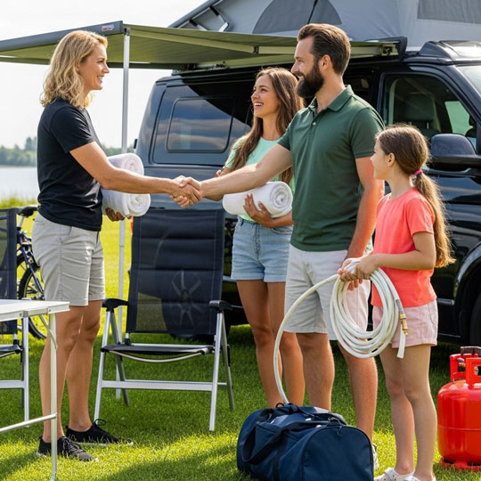 Glückliche Familie erhält Wohnmobil mit Komplett-Service im Wendland (Lüchow-Dannenberg) – entspannter Start in den Campingurlaub, alles inklusive.